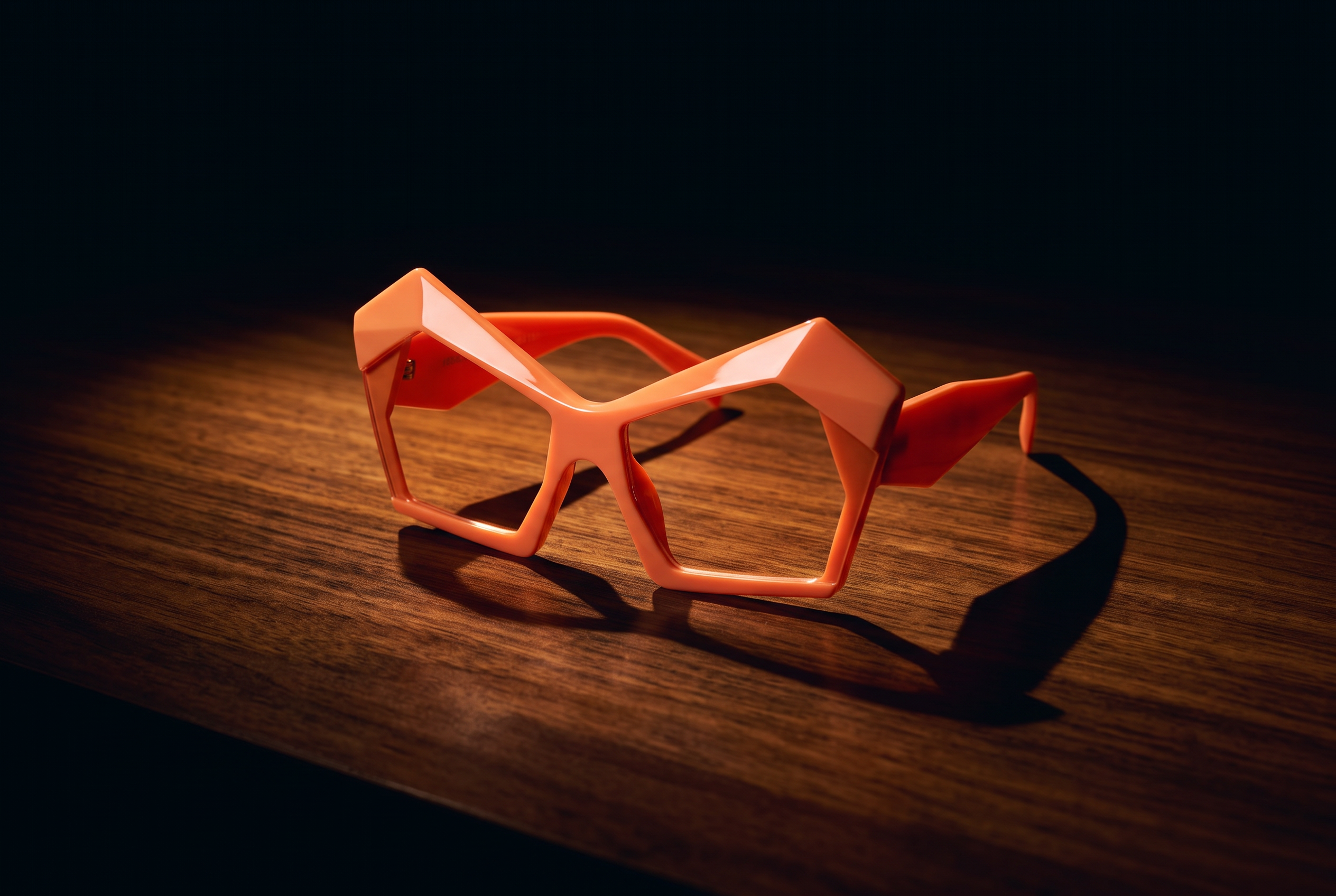 Bold orange geometric sunglasses under a warm spotlight